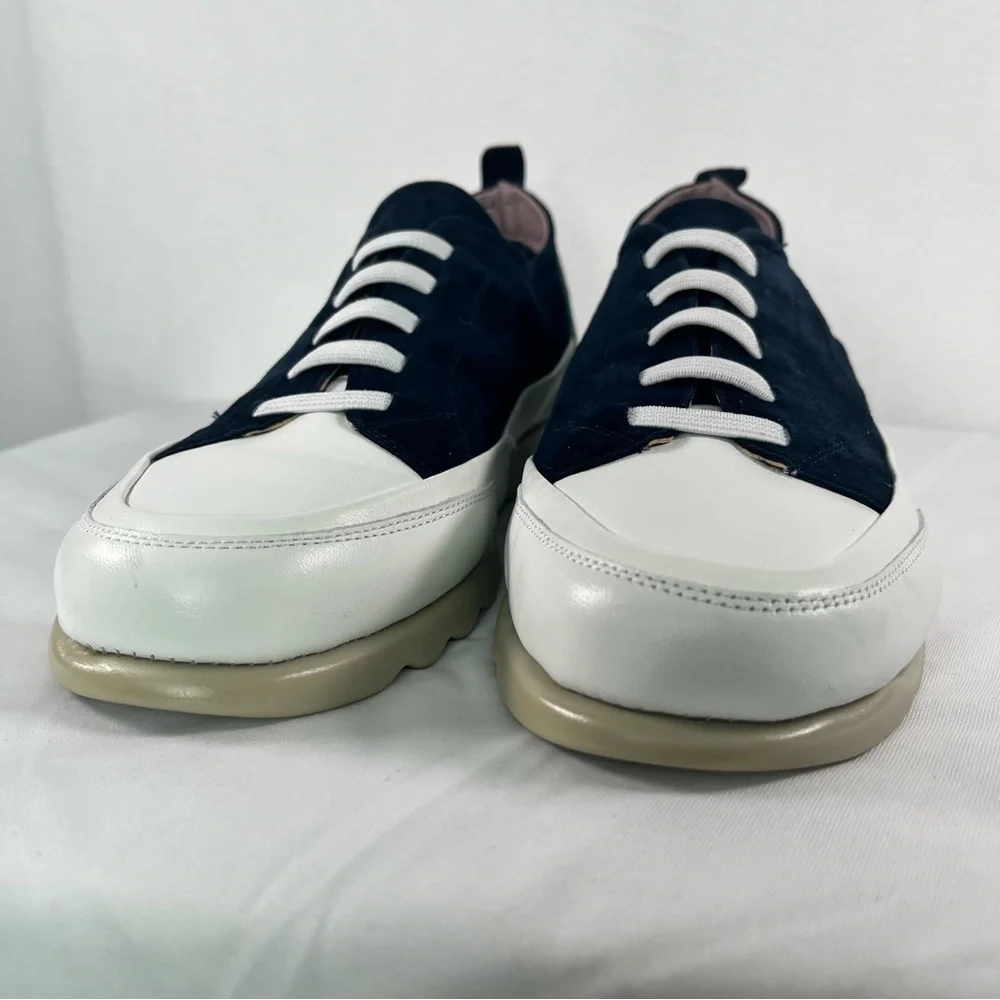 THE FLEXX Women's Navy Suede White Leather Slip On Sneakers Preppy Minimalist